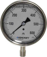 Ashcroft - 3-1/2" Dial, 1/4 Thread, 0-600 Scale Range, Pressure Gauge - Lower Connection Mount, Accurate to 1% of Scale - Caliber Tooling