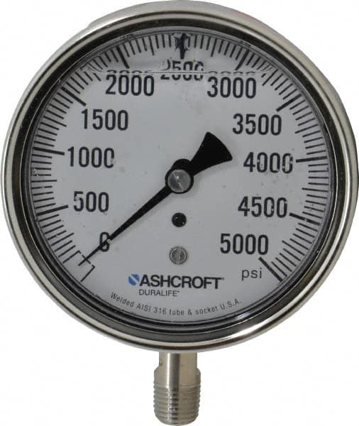 Ashcroft - 3-1/2" Dial, 1/4 Thread, 0-5,000 Scale Range, Pressure Gauge - Lower Connection Mount, Accurate to 1% of Scale - Caliber Tooling