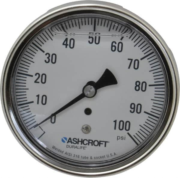 Ashcroft - 3-1/2" Dial, 1/4 Thread, 0-100 Scale Range, Pressure Gauge - Center Back Connection Mount, Accurate to 1% of Scale - Caliber Tooling