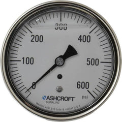 Ashcroft - 3-1/2" Dial, 1/4 Thread, 0-600 Scale Range, Pressure Gauge - Center Back Connection Mount, Accurate to 1% of Scale - Caliber Tooling