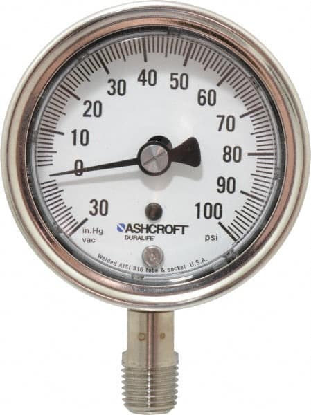 Ashcroft - 2-1/2" Dial, 1/4 Thread, 30-0-100 Scale Range, Pressure Gauge - Lower Connection Mount, Accurate to 1% of Scale - Caliber Tooling