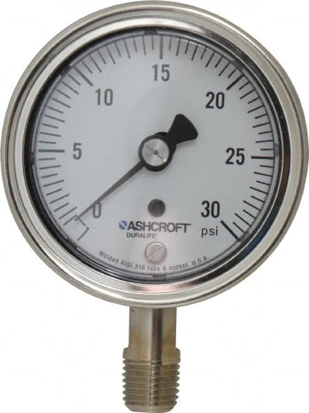 Ashcroft - 2-1/2" Dial, 1/4 Thread, 0-30 Scale Range, Pressure Gauge - Lower Connection Mount, Accurate to 1% of Scale - Caliber Tooling