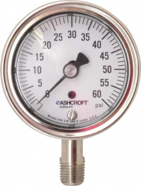 Ashcroft - 2-1/2" Dial, 1/4 Thread, 0-60 Scale Range, Pressure Gauge - Lower Connection Mount, Accurate to 1% of Scale - Caliber Tooling