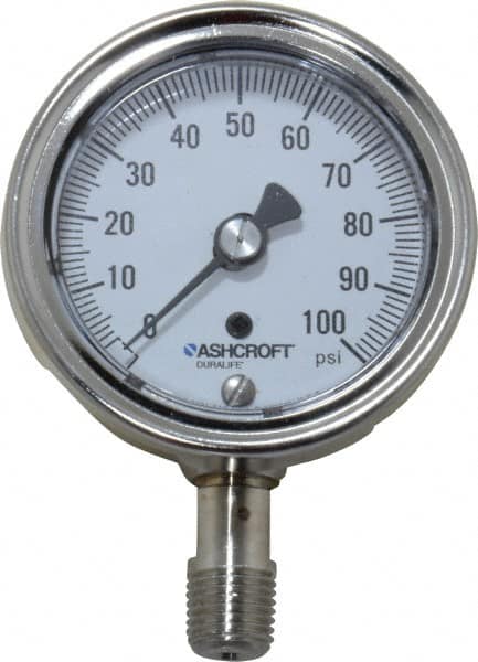 Ashcroft - 2-1/2" Dial, 1/4 Thread, 0-100 Scale Range, Pressure Gauge - Lower Connection Mount, Accurate to 1% of Scale - Caliber Tooling