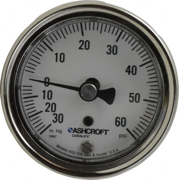 Ashcroft - 2-1/2" Dial, 1/4 Thread, 30-0-60 Scale Range, Pressure Gauge - Center Back Connection Mount, Accurate to 1% of Scale - Caliber Tooling