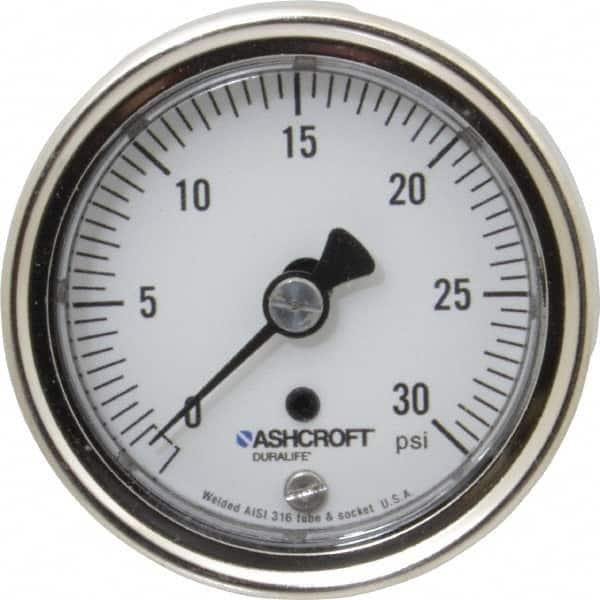 Ashcroft - 2-1/2" Dial, 1/4 Thread, 0-30 Scale Range, Pressure Gauge - Center Back Connection Mount, Accurate to 1% of Scale - Caliber Tooling