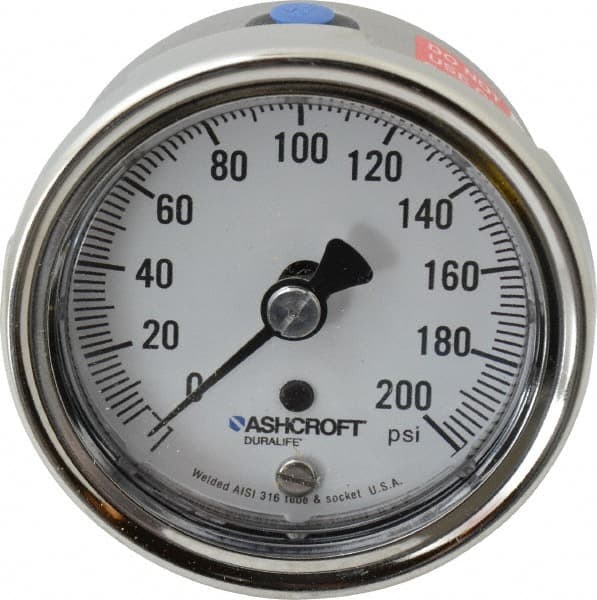 Ashcroft - 2-1/2" Dial, 1/4 Thread, 0-200 Scale Range, Pressure Gauge - Lower Back Connection Mount, Accurate to 1% of Scale - Caliber Tooling