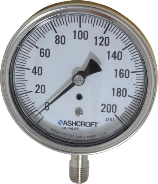 Ashcroft - 3-1/2" Dial, 1/4 Thread, 0-200 Scale Range, Pressure Gauge - Lower Connection Mount, Accurate to 1% of Scale - Caliber Tooling