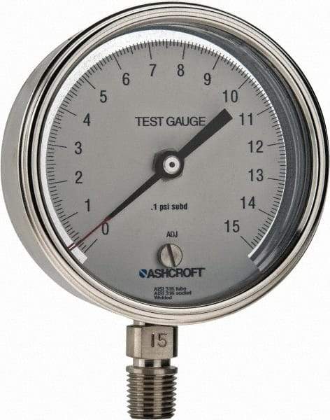 Ashcroft - 3" Dial, 1/4 Thread, 0-15 Scale Range, Pressure Gauge - Lower Connection Mount, Accurate to 0.5% of Scale - Caliber Tooling