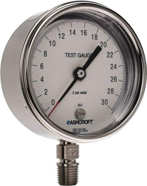 Ashcroft - 3" Dial, 1/4 Thread, 0-30 Scale Range, Pressure Gauge - Lower Connection Mount, Accurate to 0.5% of Scale - Caliber Tooling