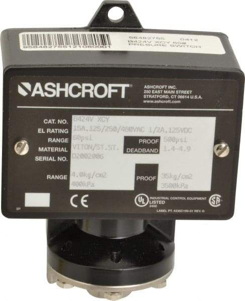 Ashcroft - 9 to 60 psi Adjustable Range, 500 Max psi, Watertight Single Setpoint - 1/4 Thread - Caliber Tooling