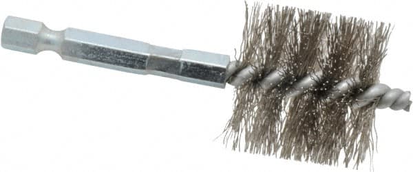 Schaefer Brush - 1 Inch Inside Diameter, 1-3/16 Inch Actual Brush Diameter, Stainless Steel, Power Fitting and Cleaning Brush - 1/4 Shank Diameter, 3-1/8 Inch Long, Hex Shaft Stem, 1-1/8 Inch Refrigeration Outside Diameter - Caliber Tooling