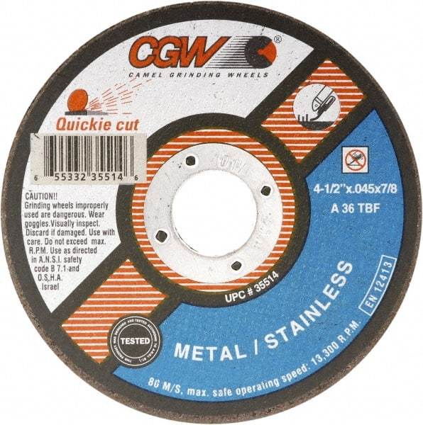 Camel Grinding Wheels - 7" 36 Grit Aluminum Oxide Cutoff Wheel - 1/16" Thick, 7/8" Arbor, 8,500 Max RPM - Caliber Tooling