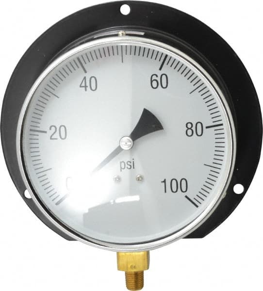 Value Collection - 6" Dial, 1/4 Thread, 0-100 Scale Range, Pressure Gauge - Lower Connection, Rear Flange Connection Mount, Accurate to 3-2-3% of Scale - Caliber Tooling