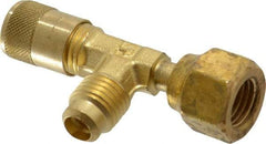 Parker - 500 Max psi, 1/4 Tube OD, Forged Flared Female Run Swivel Tee with Depressor Access Valve - Brass - Caliber Tooling