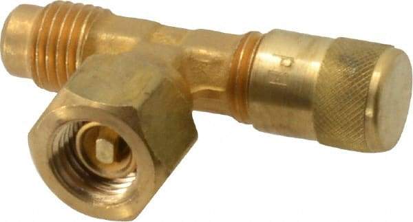 Parker - 500 Max psi, 1/4 Tube OD, Forged Flare Female Branch Tee with Depressor Access Valve - Brass - Caliber Tooling