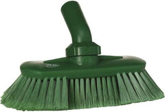 Vikan - 1-1/2" Bristle Length, Polyester Wash Brush - 7-3/4" Long x 3" Wide Head, 8" OAL, European Threaded Handle, Green, Polypropylene Block, Flagged - Caliber Tooling