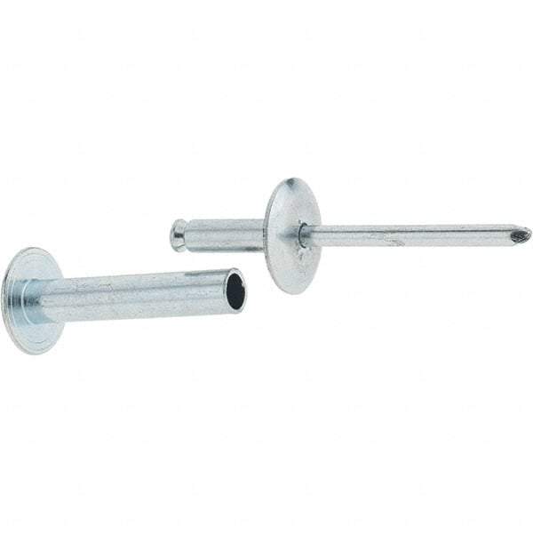 RivetKing - Size 8-26 Dome Head Steel Flush on Both Sides Blind Rivet - Steel Mandrel, 1-3/8" to 1-5/8" Grip, 5/8" Head Diam, 0.255" Min Hole Diam, 1.32" Length Under Head, 1/4" Body Diam - Caliber Tooling