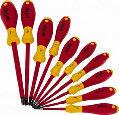 Wiha - 10 Piece Phillips & Slotted Screwdriver Set - Blade Sizes: Width mm 2, 2.5, 3, 3.5, 4.5 & 6.5, Bit Sizes: Philips #0 to #3, Metric Length mm: 60mm, 75mm, 80mm, 100mm, 125mm & 150mm - Caliber Tooling