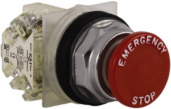 Schneider Electric - 30mm Mount Hole, Extended Straight, Pushbutton Switch with Contact Block - Red Pushbutton, Momentary (MO) - Caliber Tooling