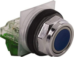 Schneider Electric - 30mm Mount Hole, Extended Straight, Pushbutton Switch with Contact Block - Blue Pushbutton, Momentary (MO) - Caliber Tooling