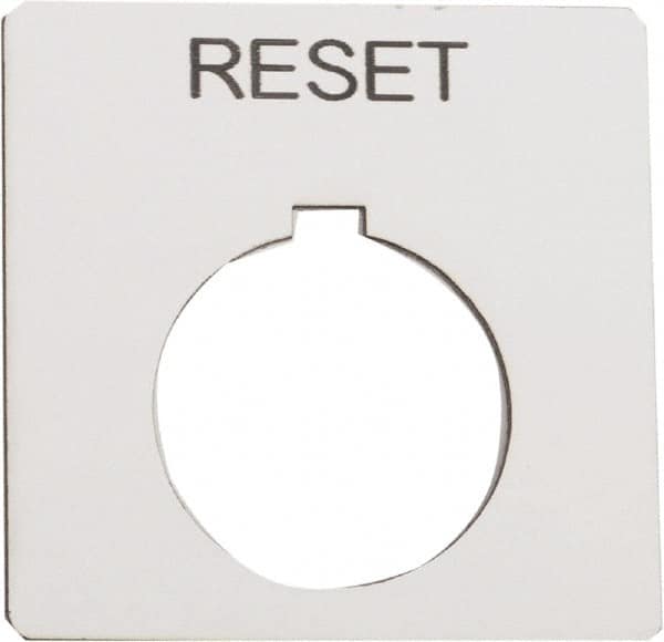 Schneider Electric - Square, Plastic Legend Plate - Reset - White Background, Black Letters, 1.2 Inch Hole Diameter, 2-1/4 Inch Square - Caliber Tooling