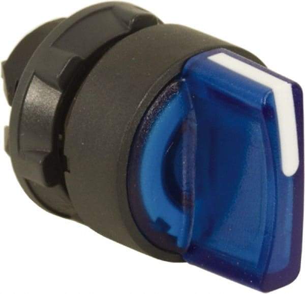 Schneider Electric - 22mm Mount Hole, 3 Position, Handle Operated, Selector Switch Only - Blue, Maintained (MA), Illuminated, Shock, Vibration and Water Resistant - Caliber Tooling