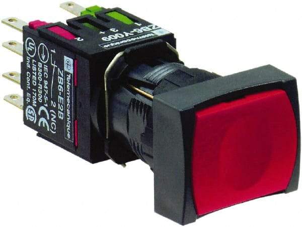 Schneider Electric - 16mm Mount Hole, Flush, Pushbutton Switch with Contact Block - Rectangle, Red Pushbutton, Momentary (MO) - Caliber Tooling