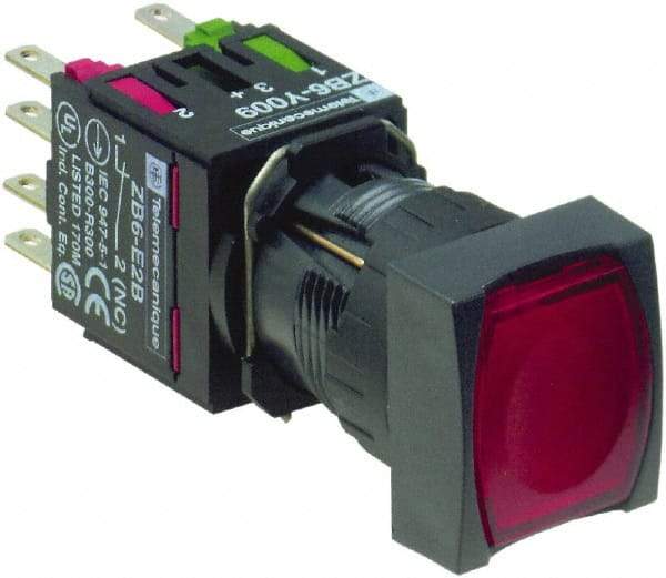 Schneider Electric - 16mm Mount Hole, Flush, Pushbutton Switch with Contact Block - Square, Red Pushbutton, Illuminated, Momentary (MO) - Caliber Tooling