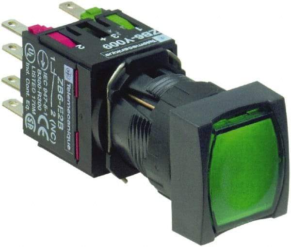 Schneider Electric - 16mm Mount Hole, Flush, Pushbutton Switch with Contact Block - Square, Green Pushbutton, Illuminated, Momentary (MO) - Caliber Tooling