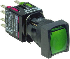 Schneider Electric - 16mm Mount Hole, Flush, Pushbutton Switch with Contact Block - Square, Green Pushbutton, Illuminated, Momentary (MO) - Caliber Tooling