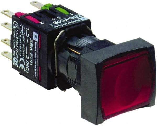 Schneider Electric - 16mm Mount Hole, Flush, Pushbutton Switch with Contact Block - Rectangle, Red Pushbutton, Illuminated, Momentary (MO) - Caliber Tooling