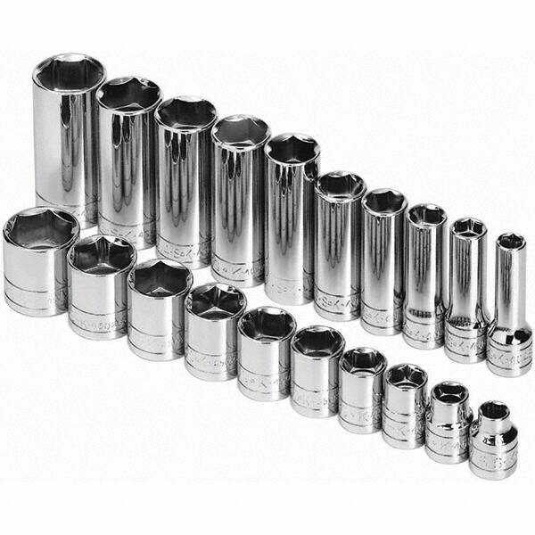 SK - 3/8" Drive Standard Deep Socket Set - 5/16 to 7/8", Inch Measurement Standard - Caliber Tooling