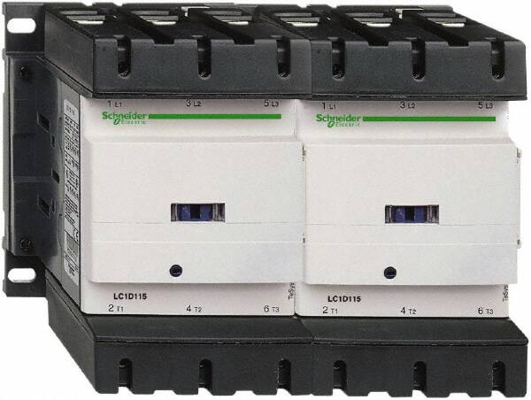 Schneider Electric - 3 Pole, 110 Coil VAC at 50/60 Hz, 115 Amp at 440 VAC, Reversible IEC Contactor - 3 Phase hp: 100 at 575/600 VAC, 30 at 200/208 VAC, 40 at 230/240 VAC, 75 at 460/480 VAC - Caliber Tooling