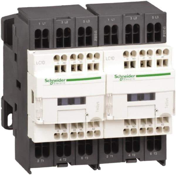 Schneider Electric - 3 Pole, 24 Coil VDC, 12 Amp at 440 VAC, Reversible IEC Contactor - 1 Phase hp: 1 at 115 VAC, 2 at 230/240 VAC, 3 Phase hp: 10 at 575/600 VAC, 3 at 200/208 VAC, 3 at 230/240 VAC, 7.5 at 460/480 VAC - Caliber Tooling