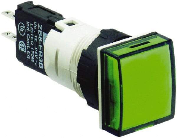 Schneider Electric - 12-24 VAC/VDC Green Lens LED Pilot Light - Square Lens, Quick Connect Connector, 18mm Wide, Vibration Resistant - Caliber Tooling