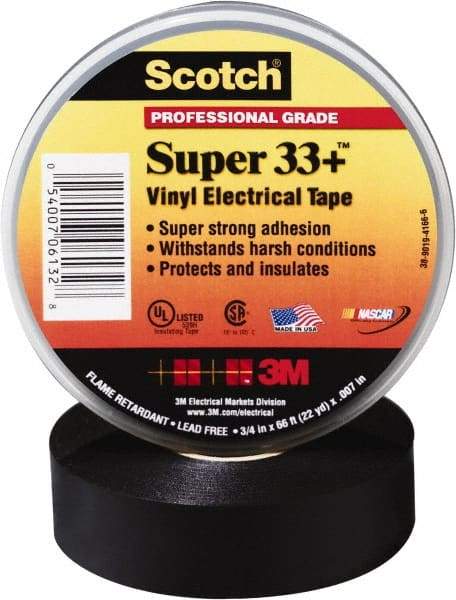 3M - 1" x 110', Black Vinyl Electrical Tape - Series 33+, 7 mil Thick, 1,150 V/mil Dielectric Strength, 15 Lb./Inch Tensile Strength - Caliber Tooling