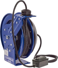 CoxReels - 16 AWG, 100' Cable Length, Cord & Cable Reel with Duplex GFCI Outlet Box End - 2 Outlets, NEMA 5-15R, 13 Amps, 115 Volts, SJO Cable, Blue Reel, Spring Driven Reel - Caliber Tooling