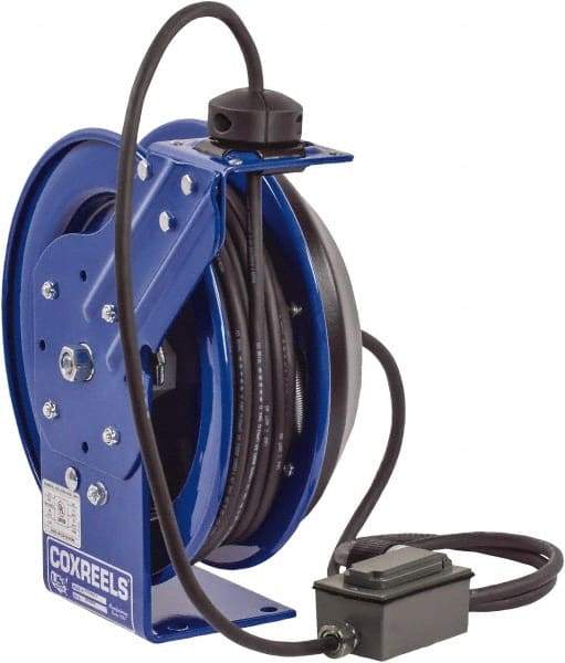 CoxReels - 12 AWG, 50' Cable Length, Cord & Cable Reel with Duplex GFCI Outlet Box End - 2 Outlets, NEMA 5-15R, 13 Amps, 115 Volts, SJO Cable, Blue Reel, Spring Driven Reel - Caliber Tooling