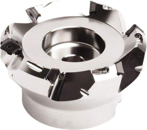 Seco - 90mm Cut Diam, 27mm Arbor Hole, 4.5mm Max Depth of Cut, 45° Indexable Chamfer & Angle Face Mill - 6 Inserts, SE.. 09T3 Insert, Right Hand Cut, 6 Flutes, Through Coolant, Series QuattroMill - Caliber Tooling