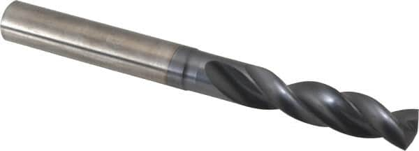 SGS - 19/64" 145° Spiral Flute Solid Carbide Screw Machine Drill Bit - TiN Finish, Right Hand Cut, 1-9/16" Flute Length, 3-1/8" OAL, Standard Point, Straight Shank - Caliber Tooling