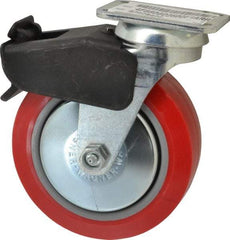 E.R. Wagner - 6" Diam x 2" Wide x 7-1/2" OAH Top Plate Mount Swivel Caster with Brake - Polyurethane, 700 Lb Capacity, Roller Bearing, 2-3/4 x 3-3/4" Plate - Caliber Tooling