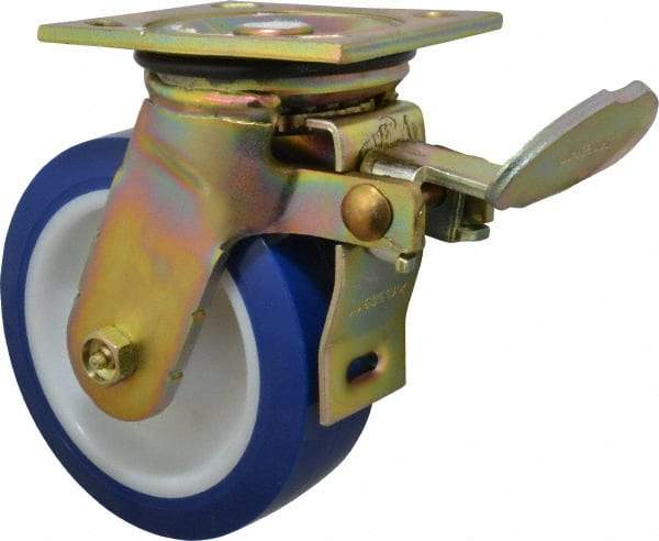 E.R. Wagner - 6" Diam x 2" Wide x 7-1/2" OAH Top Plate Mount Swivel Caster with Brake - Polyurethane, 900 Lb Capacity, Delrin Bearing, 4 x 4-1/2" Plate - Caliber Tooling