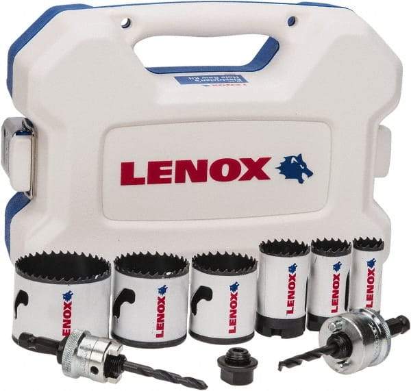 Lenox - 9 Piece, 7/8" to 2-1/4" Saw Diam, Electrician's Hole Saw Kit - Bi-Metal, Toothed Edge, Includes 6 Hole Saws - Caliber Tooling