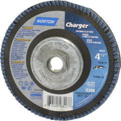 Norton - 40 Grit, 7" Disc Diam, 5/8-11 Center Hole, Type 27 Zirconia Alumina Flap Disc - 8,600 Max RPM, Fiberglass Backing, Arbor Attaching System, Coated - Caliber Tooling