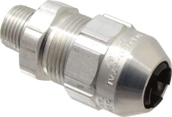 Thomas & Betts - 0.54 to 0.67" Cable Capacity, Class 1, Gas & Vapor Environments, Straight Strain Relief Cord Grip - 1/2 NPT Thread, Aluminum - Caliber Tooling