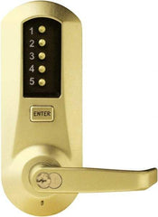 Kaba Access - Pushbutton Lock with Interchangeable Core Lever Lockset for 1-3/8 to 2-1/4" Thick Doors - 2-3/4" Back Set, 6 or 7 Pin Length Best & Compatible (Core Not Included) Cylinder, Satin Brass Finish - Caliber Tooling