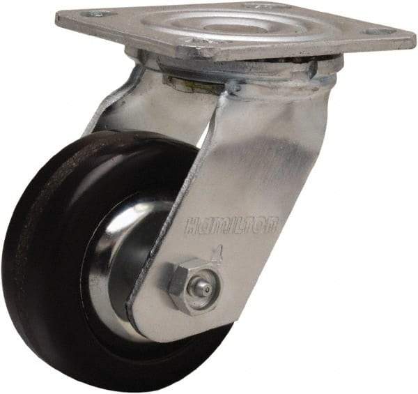 Hamilton - 4" Diam x 1-1/2" Wide x 5-5/8" OAH Top Plate Mount Swivel Caster - Phenolic, 600 Lb Capacity, Straight Roller Bearing, 4 x 4-1/2" Plate - Caliber Tooling