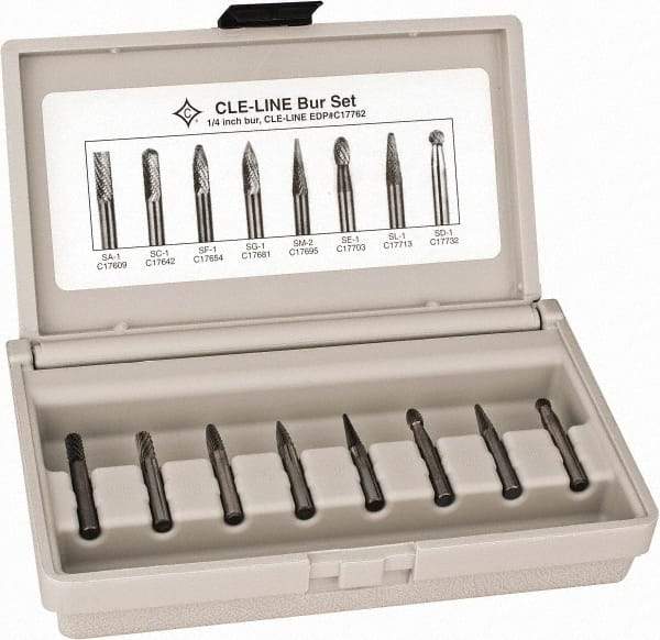 Cle-Line - 8 Piece, 1/4" Shank Burr Set - Solid Carbide, Multiple Head Shapes - Caliber Tooling