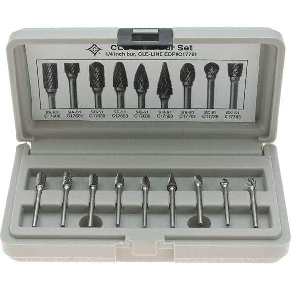 Cle-Line - 9 Piece, 1/8" Shank Burr Set - Solid Carbide, Multiple Head Shapes - Caliber Tooling